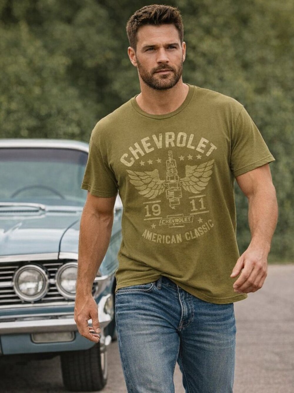 GM Official Chevrolet American Classic Olive Short Sleeve Sport T-Shirt Men 3XLT